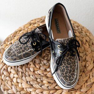 SPERRY BISCAYNE TOPSIDERS SZ 7 LEOPARD BLACK PATENT TOPSIDER FLAT LOAFER LACE UP